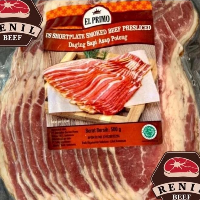 

Spesial Smoked Beef Us Shortplate Beef Slice El Primo Bacon Sapi 500Gr Mikomijual