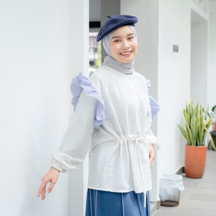 Mybamus X Nurulfadillah Dilla Ruffle Blouse Broken White - Stripe Blue