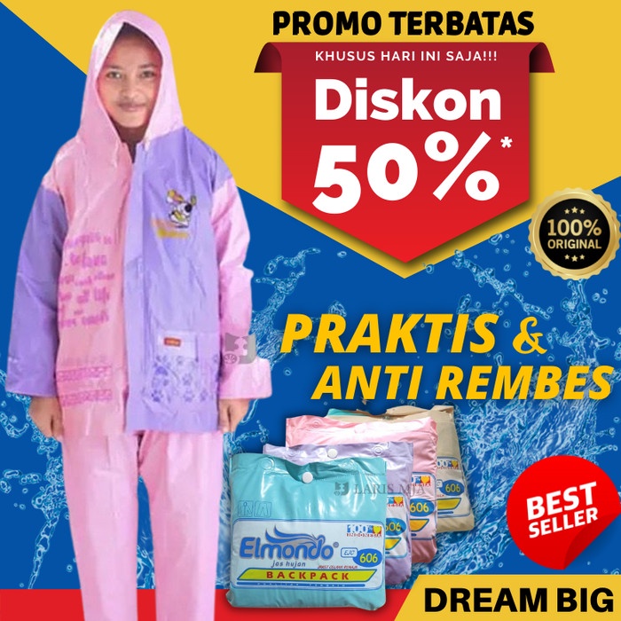Jas Hujan Anak Perempuan Sd Umur 6-10 Tahun Setelan Elmondo Jas Ujan