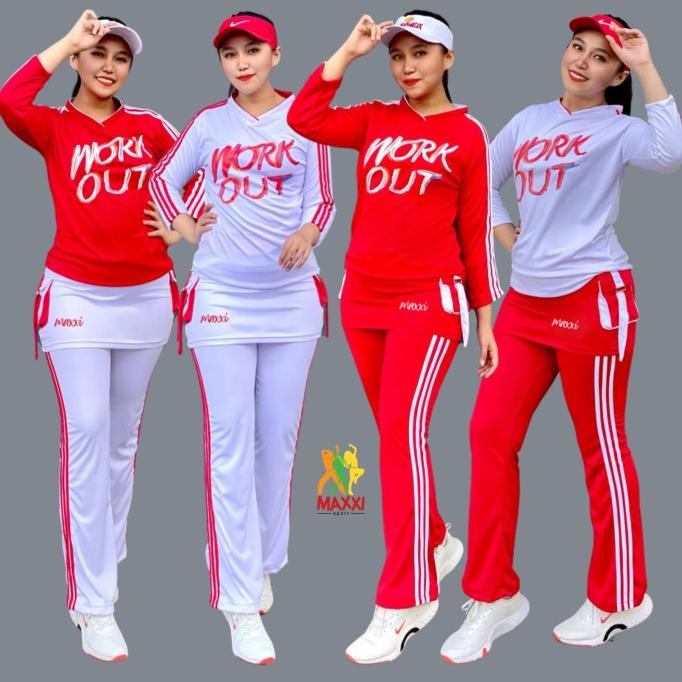 Setelan Baju Olahraga Senam Merah Putih Workout Rok Hijab Aerobic Zumb