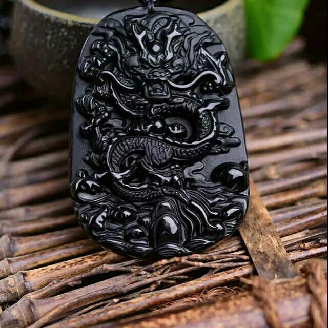 [Baru] Kalung Jimat Bos Naga Ukir 3D Hitam Terlaris Aksesoris Obsidian Batu Berkualitas