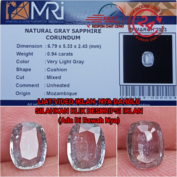 [Baru] Natural Gray Sapphire Corundum Unheated Nte 0.94Cts Memo Mri Terbaru