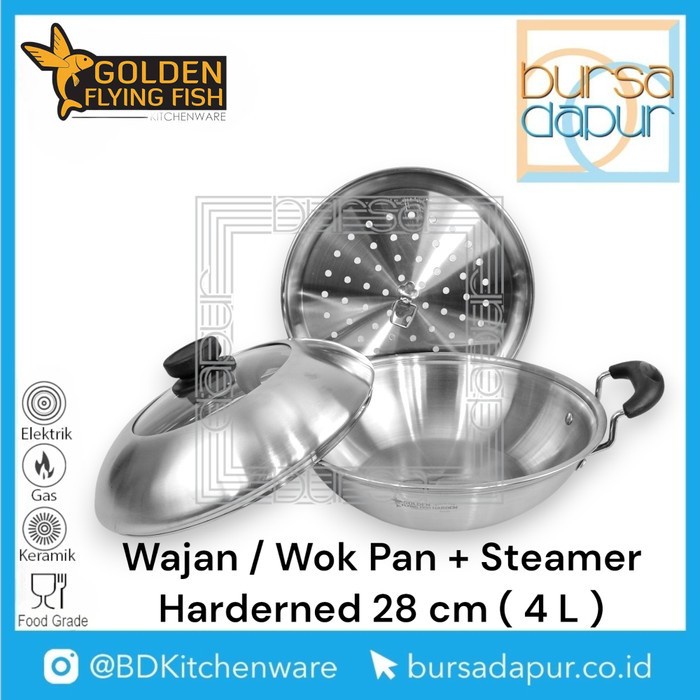 ✅Ready Golden Flying Fish Stainless Steel Wajan / Wok Pan Steamer 28 Cm 4 L Terbaru