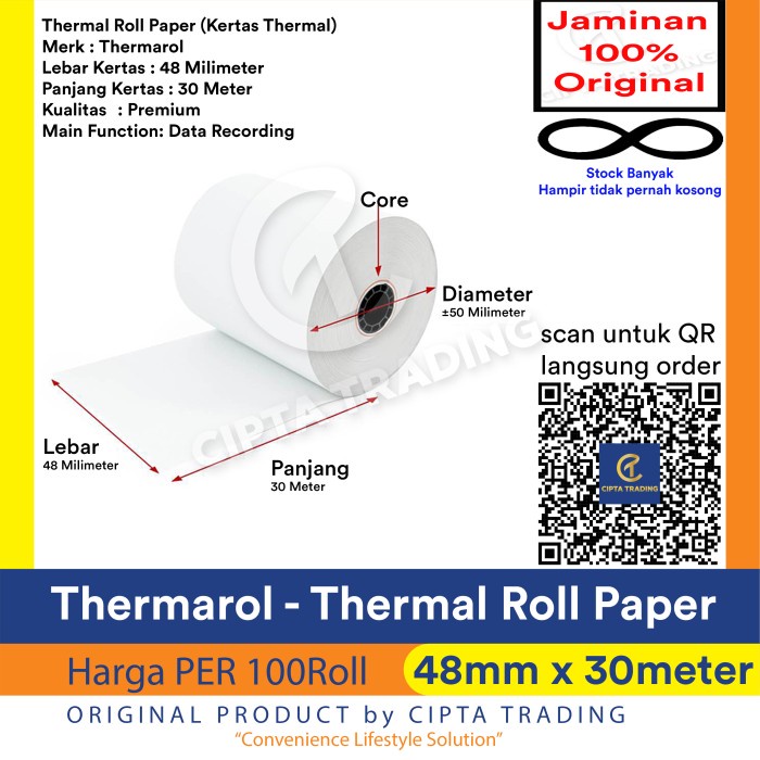 

✨Sale Kertas Thermal / Thermal Paper- Thermarol - 48Mm X 30Meter 100Rolls Berkualitas