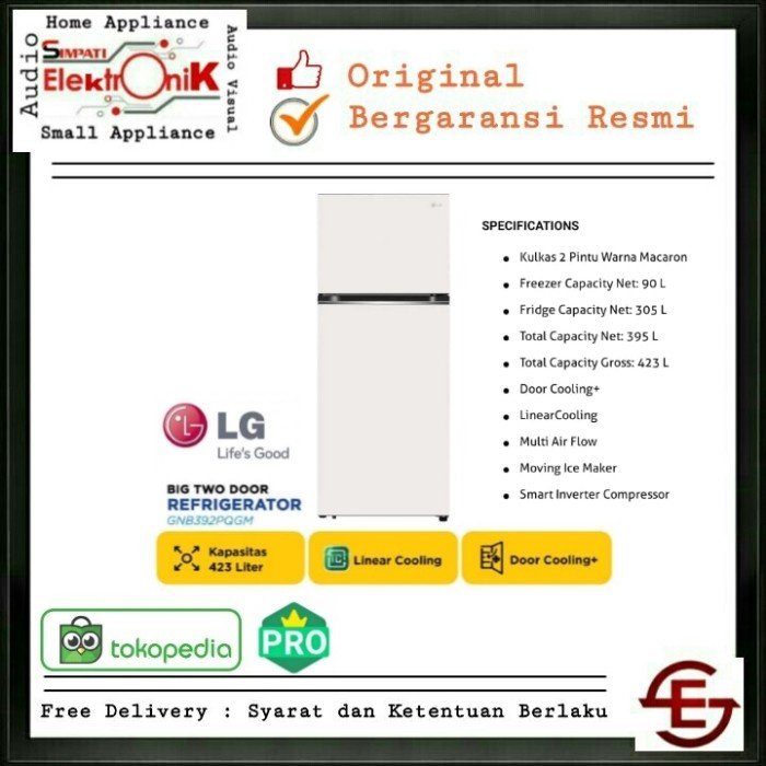 ✨Original Lg Gnb392Pqgb - Lg Kulkas 2 Pintu Inverter 395L Gn B392Pqgb - Putih Limited