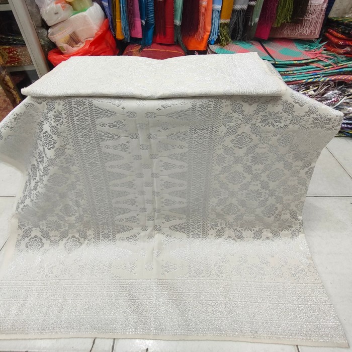 ✨New Songket Palembang Ori Sutra Benang Gebeng Putih Silver Berkualitas