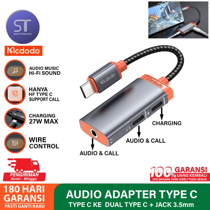 MCDODO CA-094 CONVERTER SPLITTER AUDIO 3 IN 1 DUAL TYPE C + JACK 3.5MM