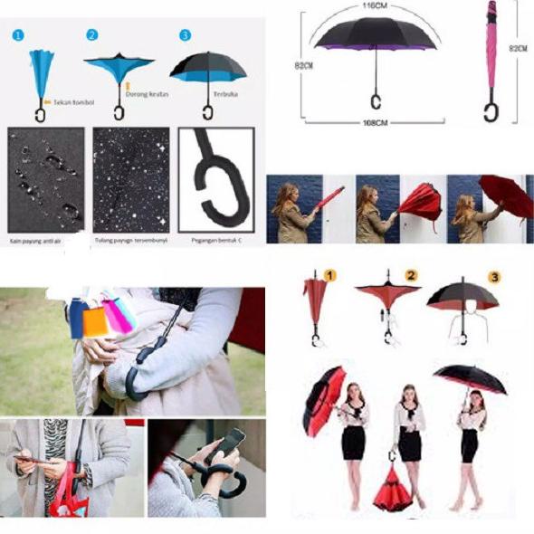 Payung Lipat Otomatis Payung Terbalik Gagang C Payung Hujan Mobil