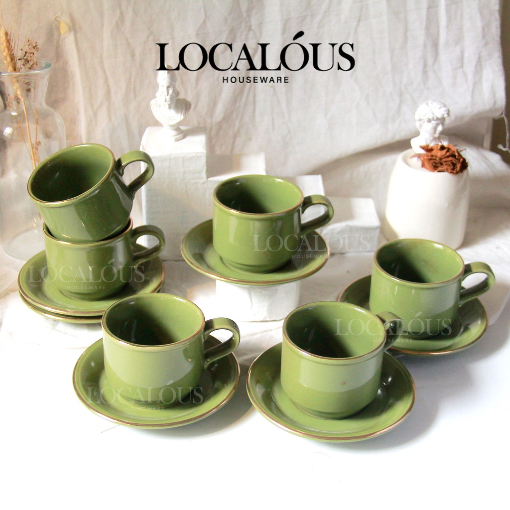 6 Pcs Tea Set Sango Kerak Hijau / Cangkir Teh Kopi Cafe