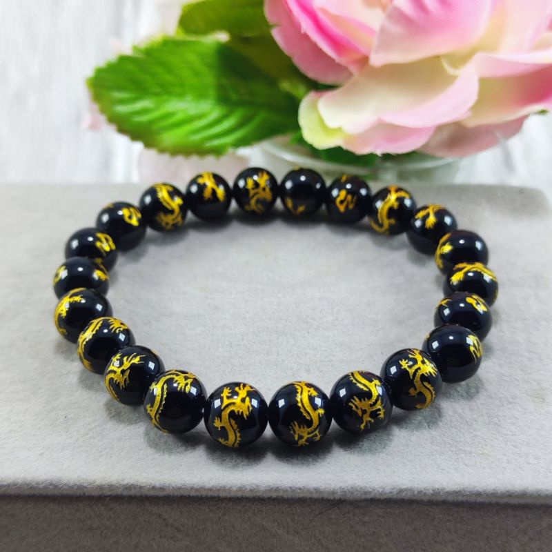 GELANG ONYX HITAM BERUKIR NAGA EMAS D08