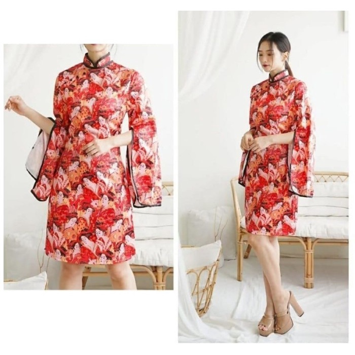 Fs Dress Baju Cheongsam Wanita Modern Dewasa Satin Premium Import 9709