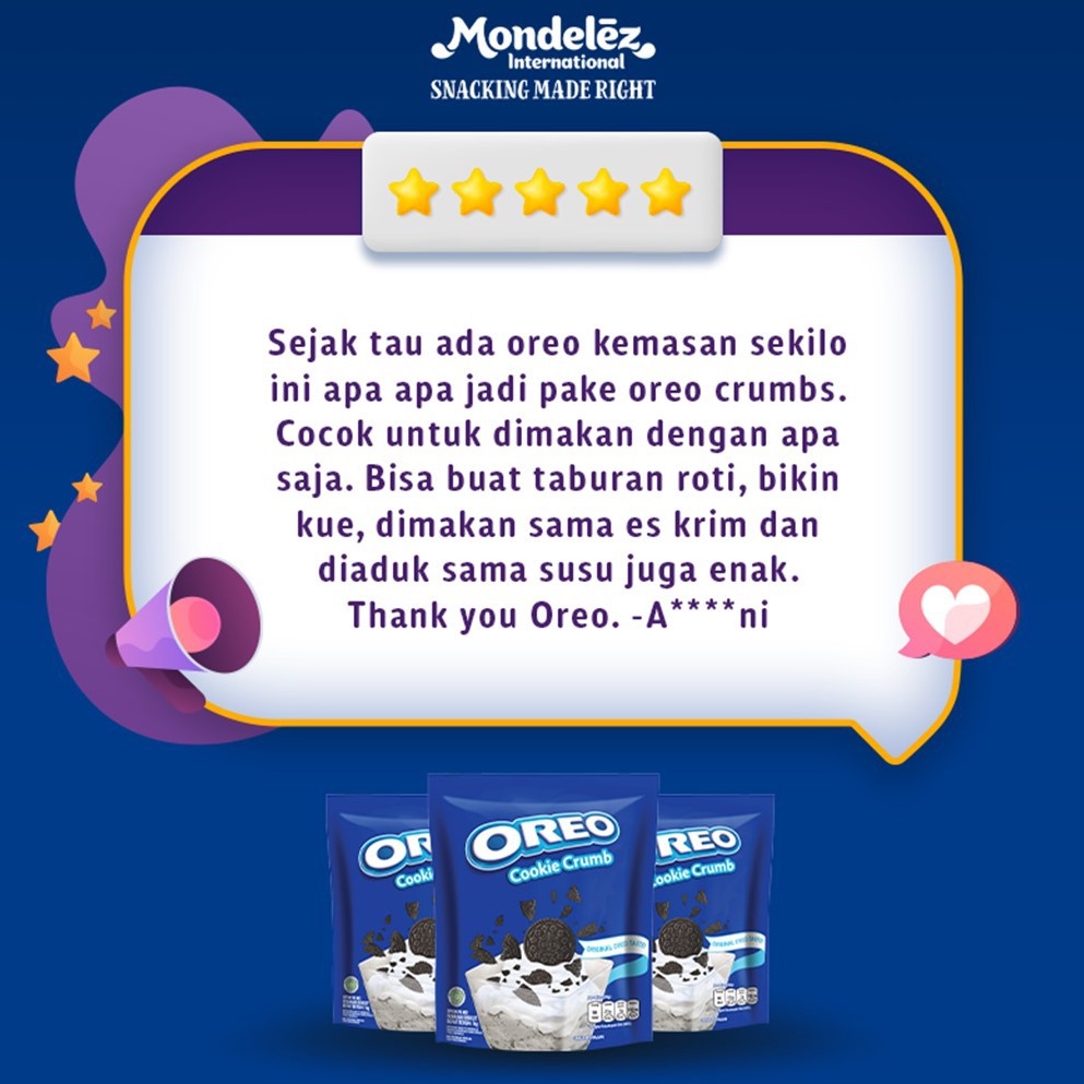 

Oreo Biskuit Cookie Crumb Pouch 1Kg, Untuk Memasak Kue Dan Roti Dengan Mudah