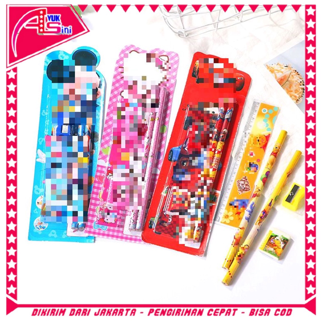 

AS Stationery Set 5 in 1 Alat Tulis Anak Sekolah Penghapus penggaris Pensil Serutan Karakter Lucu
