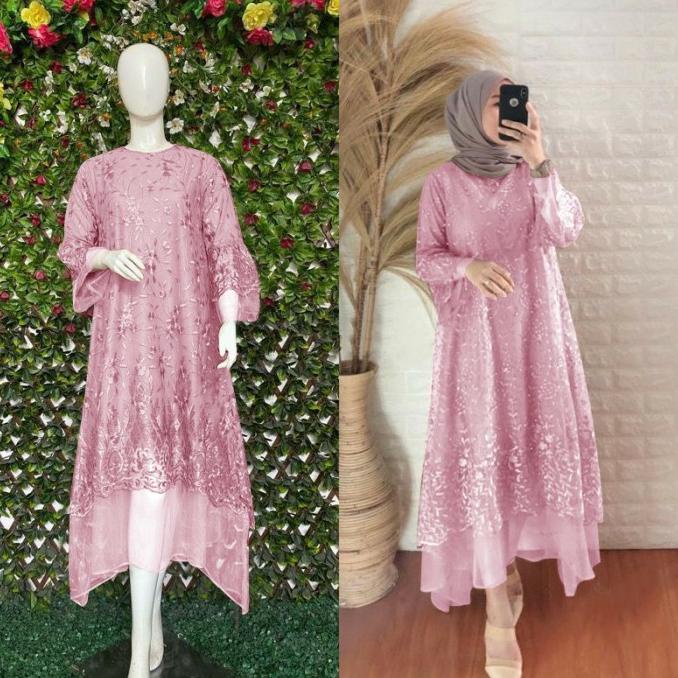 Tunik Dress Wanita Bahan Tile Mutiara Casual Polos Mewah Panjang-Zaf Premium Berkualitas