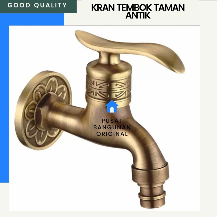 KRAN TAMAN TEMBOK SELANG MESIN CUCI ANTIK KLASIK BULAT PUTAR KUNINGAN