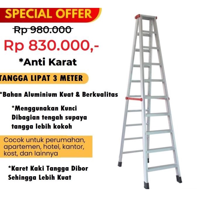 Tangga 3 Meter JUMBO Tinggi Besar Aluminium Besar Lipat Alumunium