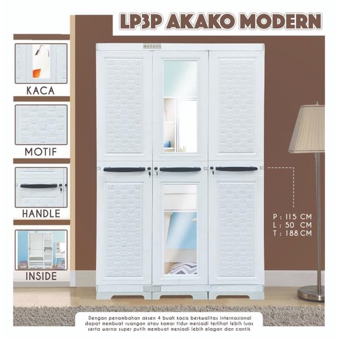 JUMBO - LEMARI PLASTIK 3 PINTU PUTIH MODERN AKAKO PREMIUM