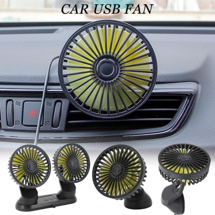 Portable Car Fan/Kipas Angin Mobil 12 volt 360 Derajat Double Head USB