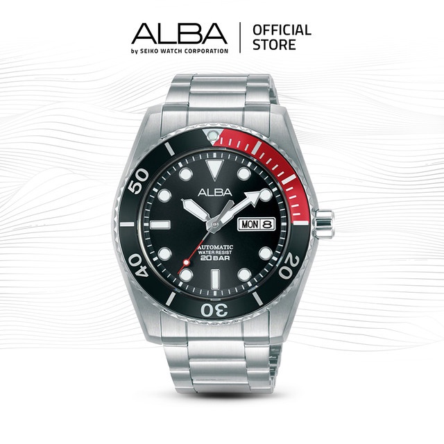 Alba Mechanical Jam Tangan Pria AL4293 / AL4293X1 Automatic Black Dial Stainless Steel Strap Watch