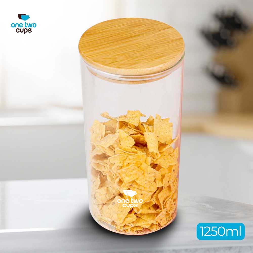 Toples Kaca Penyimpanan Makanan Coffee Storage Glass Jar 1250 ml /Toples Kaca Tutup Kayu Kue Kering 