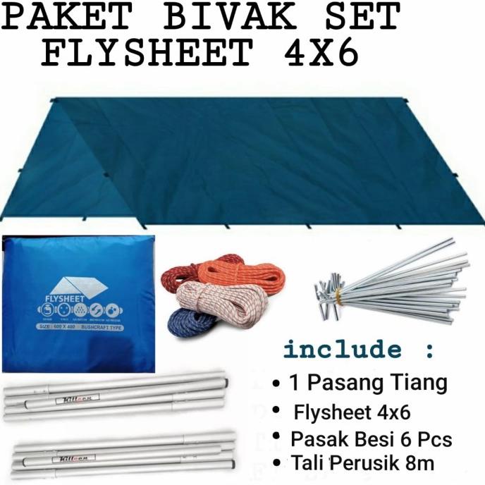 Set Flysheet 4x6 Waterproof dan Tiang Double FREE Pasak dan Tali