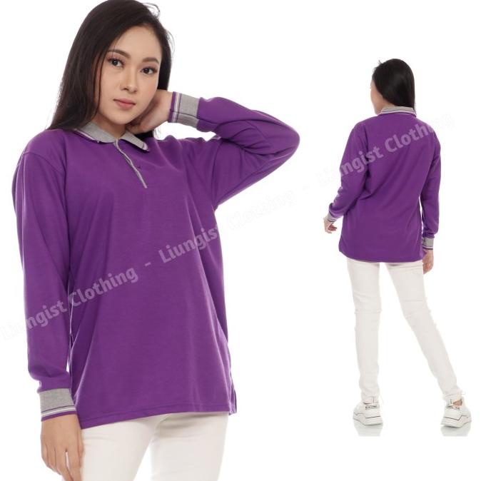Kaos Polo Panjang Ungu Tua Kerah Abu / Kaos Kerah Panjang