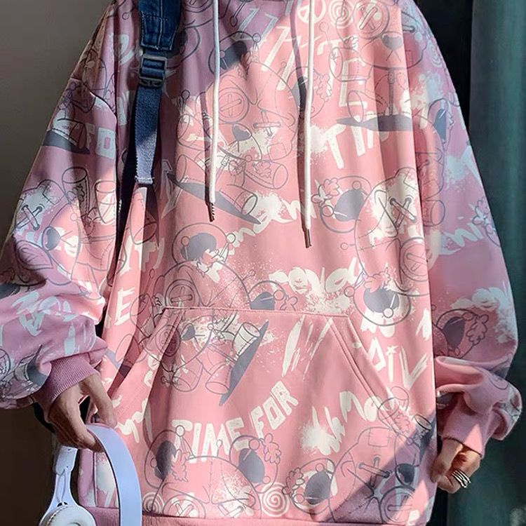 Hoodie Kebesaran Gambar Grafiti Gaya Jepang