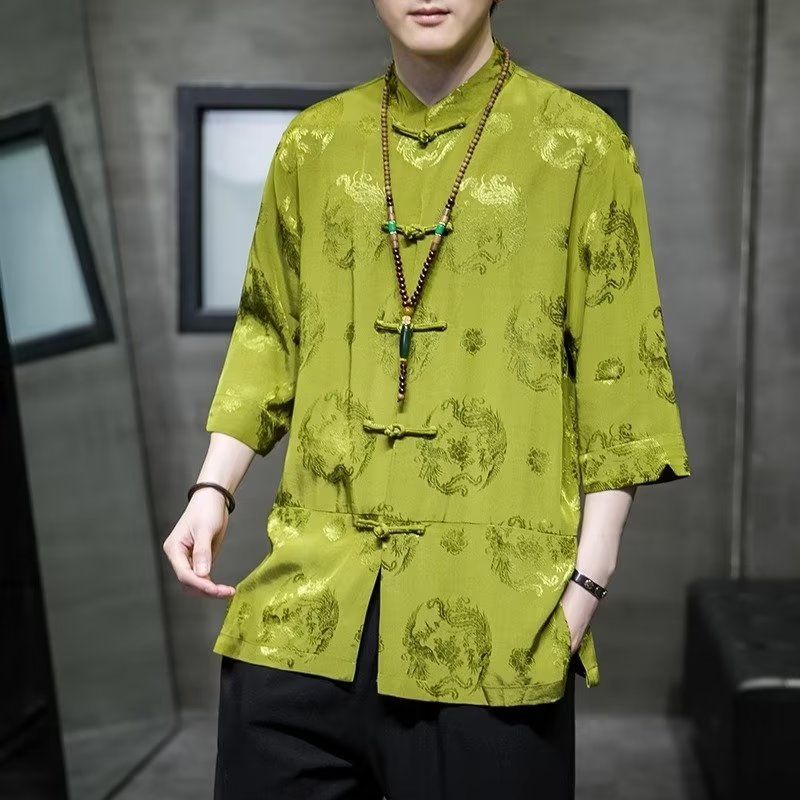 Baju Pria Gaya China, Baju Lengan Setengah, Baju Hanfu, Baju Tang Kodok Cina