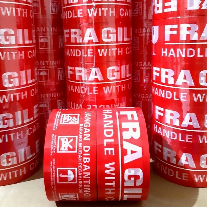 

LAKBAN FRAGILE MERAH 100 METER FULL x 48 MM SUPER TEBAL 6 pcs