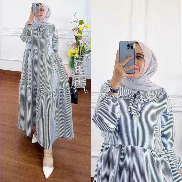 Dress Midi Maxi Salur Wanita Muslim Bahan Salur Katun Import/ Tyara Ready