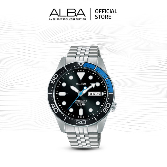 Alba Mechanical Jam Tangan Pria AL4195 / AL4195X1 Automatic Black Dial Stainless Steel Strap Watch