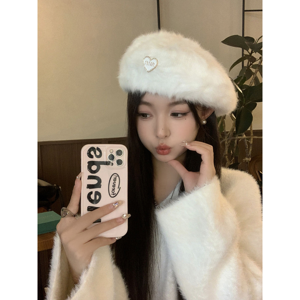 Wanita Baret Mewah LucuTopi Pelukis Baret Cinta Topi Berbulu Gaya Korea Baru