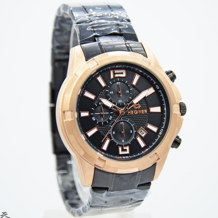 ✅New Jam Tangan Pria Hegner 1652-3Mbr Black Steel Cronograph Original Diskon