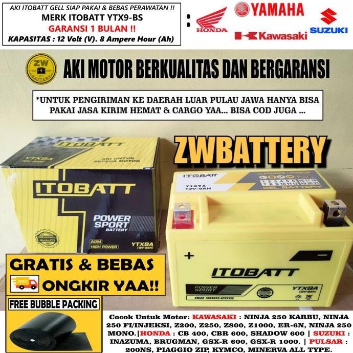 Aki Motor Ninja 250 Karbu / Fi ITOBATT YTX9-BS 9 Ampere
