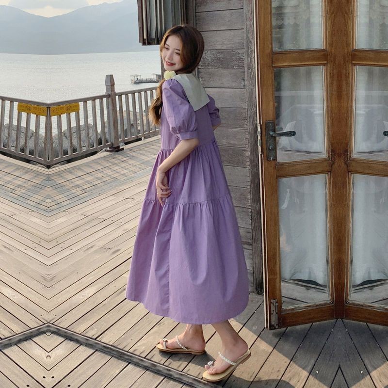 Gaun Ukuran Kecil Wanita Selutut Gaya Korea, Gaun Gadis Ungu