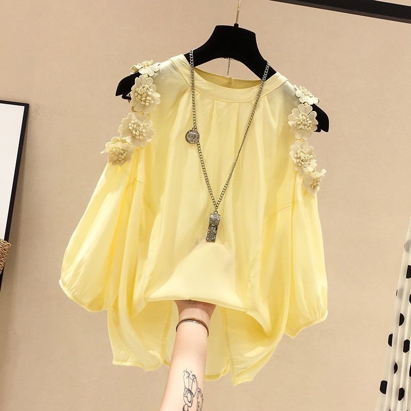 Kemeja Musim Panas Wanita, Blus Bunga Bahu Terbuka Baju Kecil Sifon