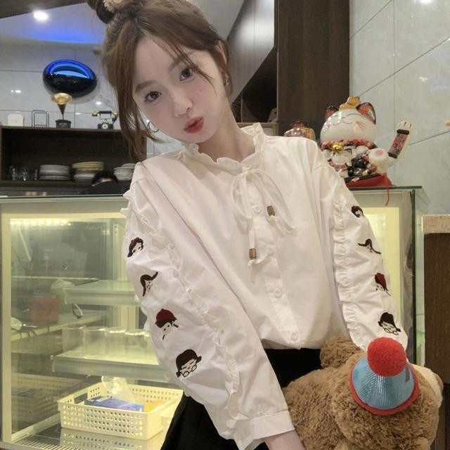 Kemeja Lengan Panjang Wanita, Baju Leher Bulat Longgar Gaya Korea