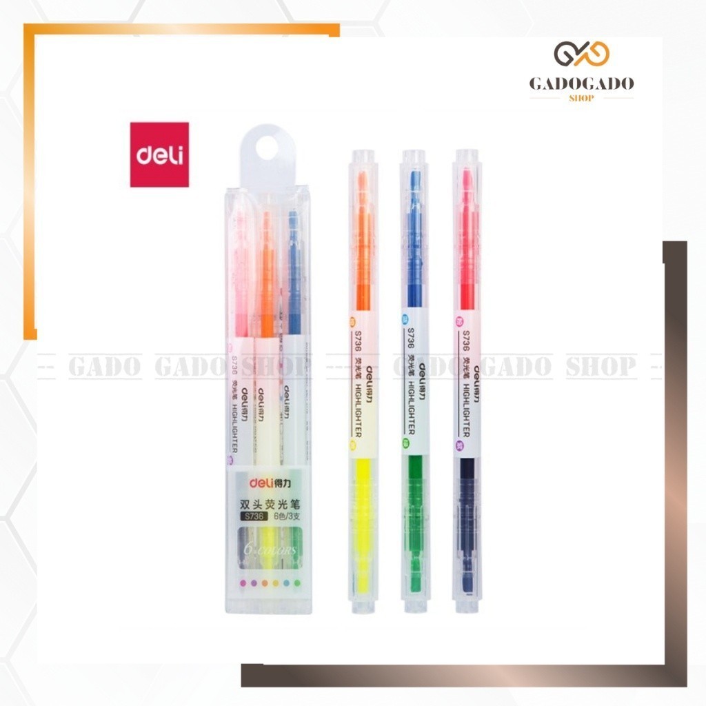 

GGS DELI040 Deli highlighter ujung 2 warna 3pcs/pak 6 warna S736 Y1680