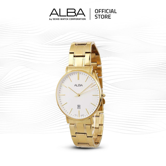Alba Pestige Jam Tangan Pria AG8H12 / AG8H12X1 Quartz White Pattern Dial Gold Stainless Steel Strap 
