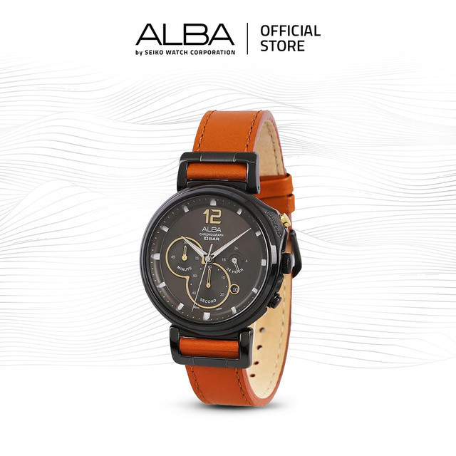 Alba Active Jam Tangan Pria Chronograph AT3D69 / AT3D69X1 Quartz Black Dial Brown Genuine Leather St
