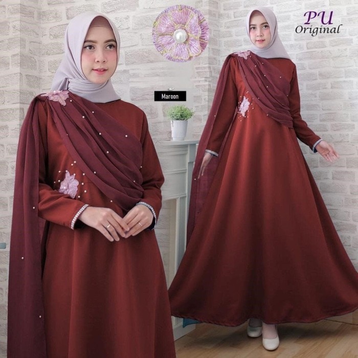 BRG BARU 5943 Gamis merah maroon pearl dress mutiara baju kondangan cantik 5942