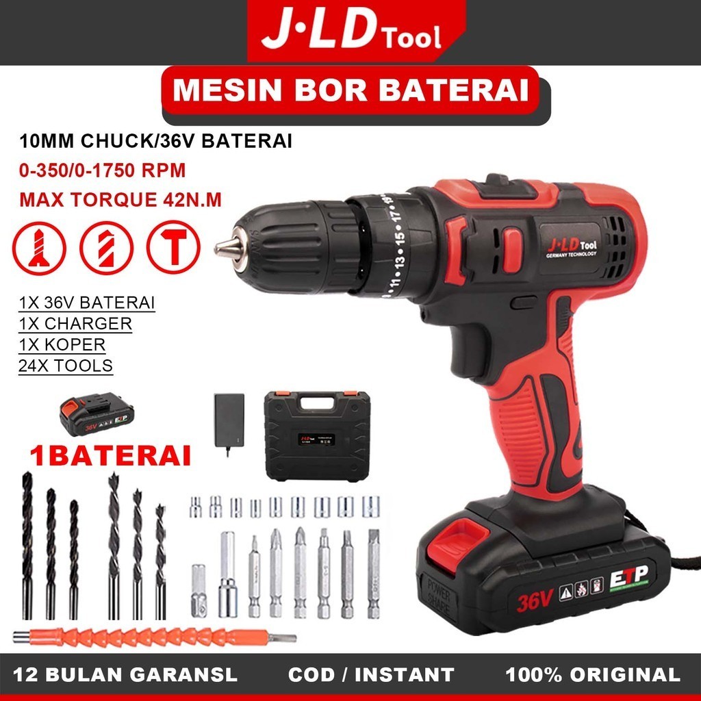 JLD Mesin bor baterai 10mm bor tangan baterai bor cas 1 baterai promo bor baterai cas komplit besi t