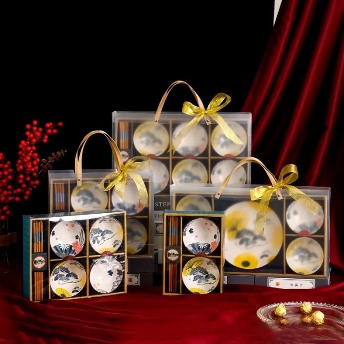 

Ready Hampers Bowls Gift Set Chopstick with pvc handbag for ied bday wedding