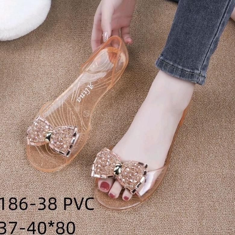 MILIKI SANDAL JELLY PITA KACA / FLATSHOES JELLY TRANSPARAN SUMMER'S BLACK GOLD PERMATA TERMURAH