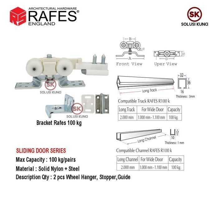 Terlaris PAKET Rel Pintu Sliding RAFES England 100 KG / Roda Nilon + Steel