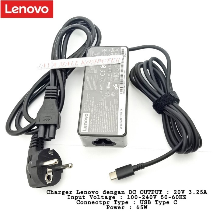 Adaptor Charger Lenovo 65W Usb Type C Thinkpad T480 Yoga 370 Original