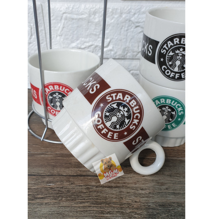 Keramik mug susun 4 BESAR dengan Rak Stainless 8CM - Mug tumpuk motif