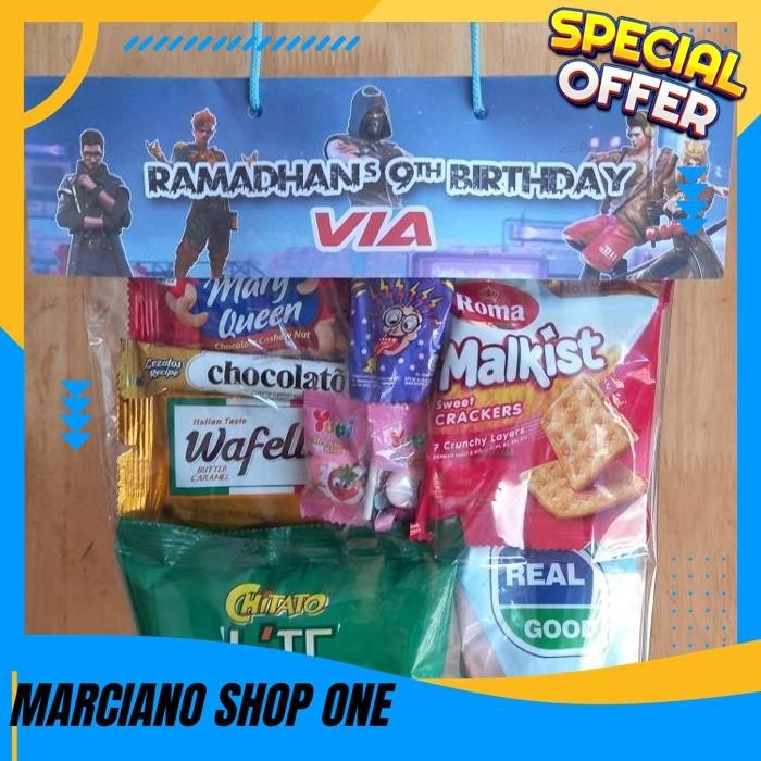 

PAKET GOODIE BAG SNACK ULANG TAHUN ANAK BISA CETAK NAMA & CUSTOM GAMBAR THE BEST SELLER !!