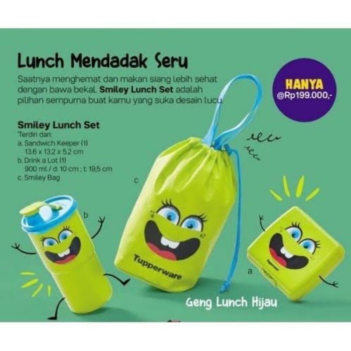 Tempat Bekal Makan Anak Tupperware Smiley Lunch Set Hijau