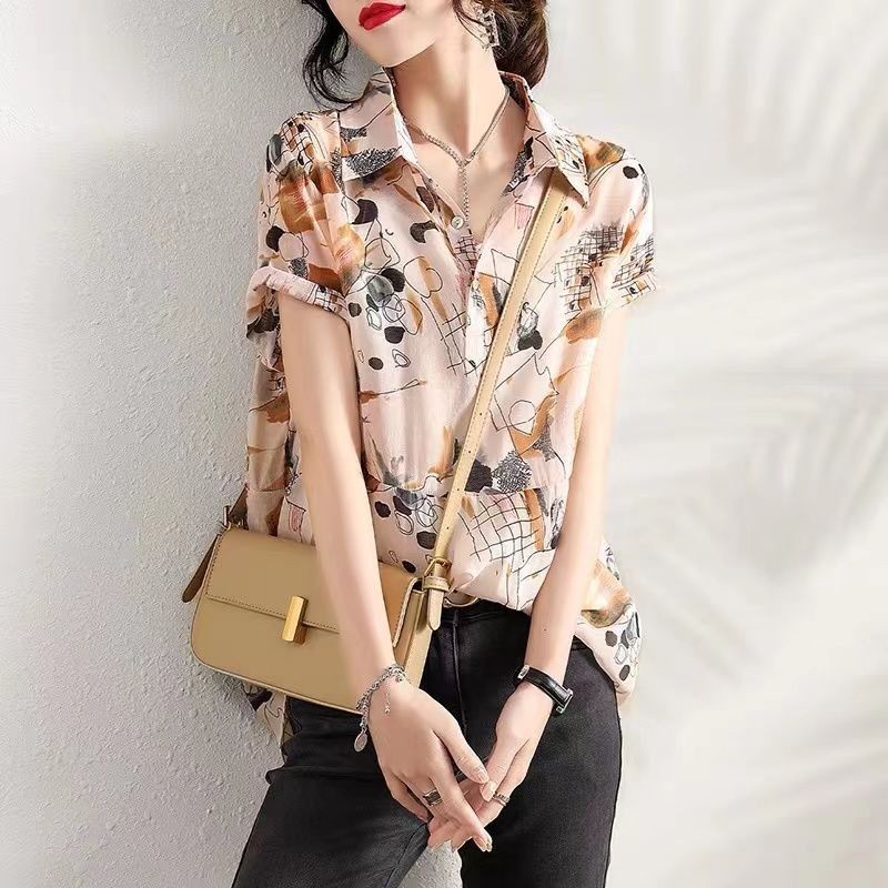 Kemeja Sifon Wanita Motif Geometris, Atasan Blus Longgar Tipis Lengan Pendek